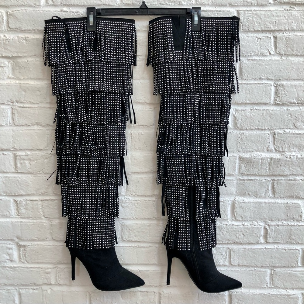 Blacksilver studs Fringe over the knee Boots Stiletto heels Faux suede leather 6 - Picture 5 of 16
